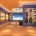 Cultural Exhibition Hall Interior With Display Boards Shelves Green Plants And Seats