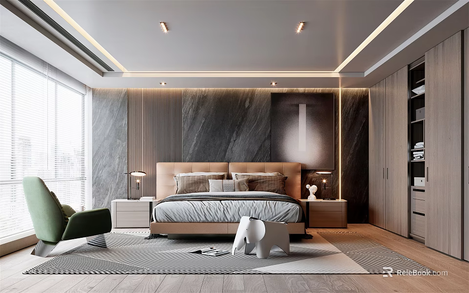 Modern Bedroom Interior With Marble Wall Upholstered Headboard Green Accent Chair And Wardrobe 3d model 