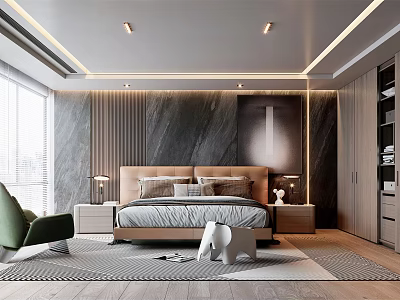 Modern Bedroom Interior With Marble Wall Upholstered Headboard Green Accent Chair And Wardrobe 3d model