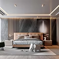 Modern Bedroom Interior With Marble Wall Upholstered Headboard Green Accent Chair And Wardrobe