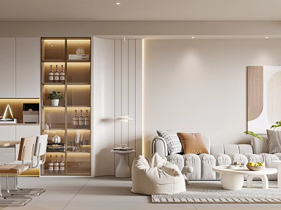 Modern Living and Dining Room Interior With Beige Sofa Dining Table Storage Cabinet And Lighting 3d model