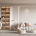Modern Living and Dining Room Interior With Beige Sofa Dining Table Storage Cabinet And Lighting