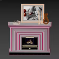White Marble Fireplace with Mantel Featuring Picture Candles Vase and Books and Burning Flames