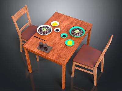 Wooden Dining Table Set With Two Wooden Chairs Brown Cushions Food Dishes And Chopsticks 3d model