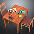 Wooden Dining Table Set With Two Wooden Chairs Brown Cushions Food Dishes And Chopsticks
