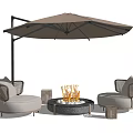 Outdoor Sofa Set Featuring Round Fire Pit Table Beige Canopy Umbrella And Lanterns 3d model