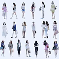 Group of Women in Various Stylish Outfits Carrying Handbags on White Background