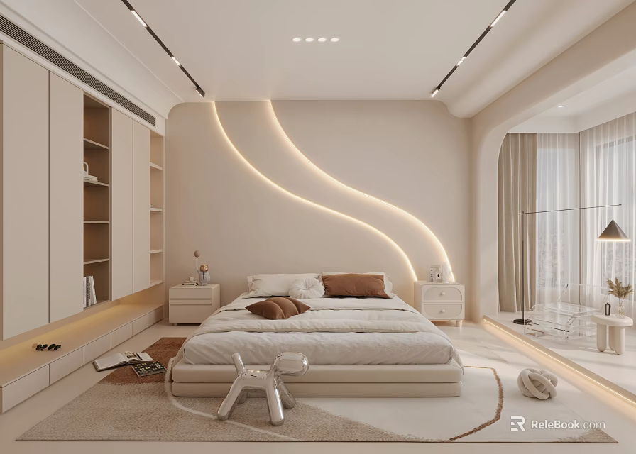 Modern Beige Bedroom Interior Design With Curved Lighting Platform Bed And Nightstands 3d model 