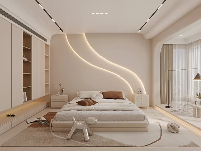 Modern Beige Bedroom Interior Design With Curved Lighting Platform Bed And Nightstands 3d model