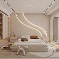 Modern Beige Bedroom Interior Design With Curved Lighting Platform Bed And Nightstands