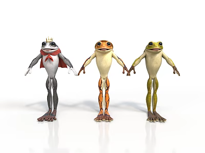Three frogs dressed in different colored costumes with unique designs standing together 3d model