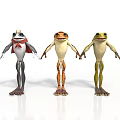 Three frogs dressed in different colored costumes with unique designs standing together 3d model