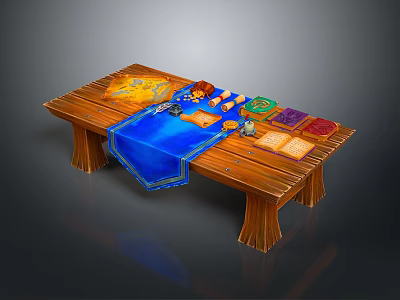 Wooden Board Game Table Setup With Blue Cloth Dice Cards Map And Colored Game Pieces 3d model