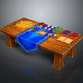 Wooden Board Game Table Setup With Blue Cloth Dice Cards Map And Colored Game Pieces