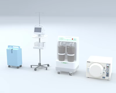 Essential Medical Devices Including IV Stand Monitor Trolley And Sterilizer Unit For Hospital Use 3d model