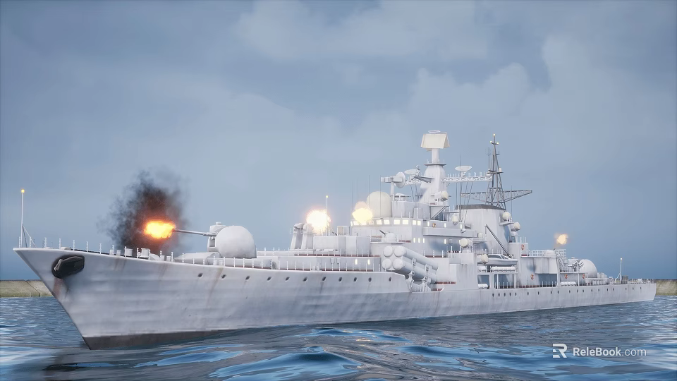 Large Warship Firing Cannons At Sea With Smoke And Flames 3d model 