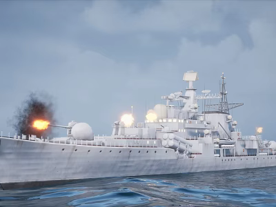 Large Warship Firing Cannons At Sea With Smoke And Flames 3d model