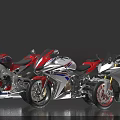 Sleek Sport Motorcycles With Red White And Blue Stripes Lined Up On Shiny Surface