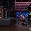 Modern Bar Interior With Neon Decor City Skyline View And Blue Lighting