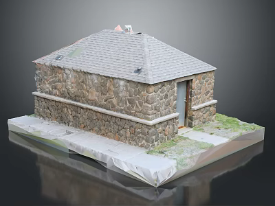 Stone Building Model With Gray Roof Stone Walls And Door On White Platform 3d model