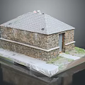 Stone Building Model With Gray Roof Stone Walls And Door On White Platform