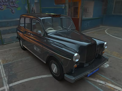 Vintage Black Taxi Parked Near Blue Building With Graffiti Outdoor Area 3d model