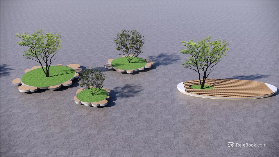 Modern Circular Landscape Seats With Grass Lawn And Trees On Gray Ground 3d model 