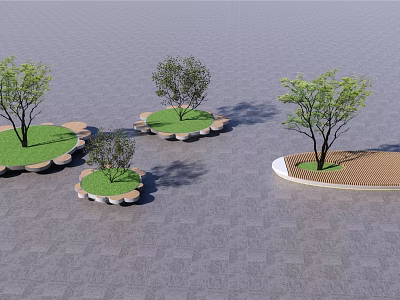 Modern Circular Landscape Seats With Grass Lawn And Trees On Gray Ground 3d model