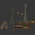 Natural Outdoor Architectural Space With Wooden Table Chairs Hanging Plants And Pole Frames
