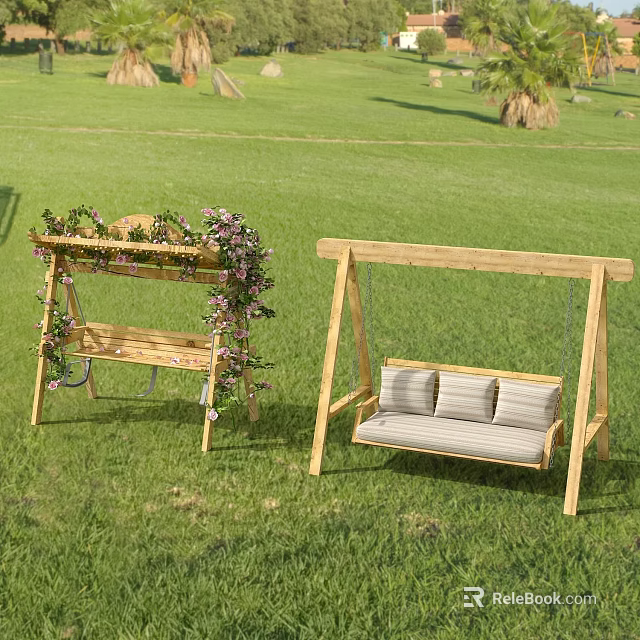 Outdoor Wooden Swing Chairs With Vine Flower Decor And Striped Cushions On Green Grass 3d model 