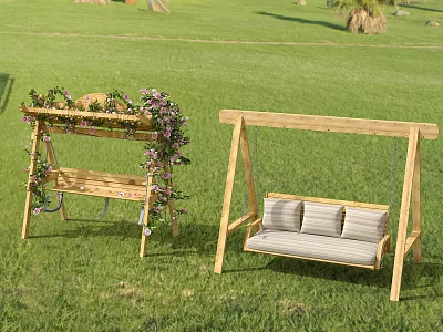 Outdoor Wooden Swing Chairs With Vine Flower Decor And Striped Cushions On Green Grass 3d model