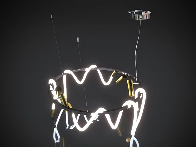 Modern Circular Chandelier With Glowing Curved Lines And Golden Metallic Accents 3d model