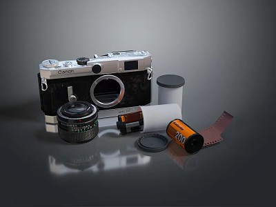 Vintage Canon Film Camera With Detachable Lens Film Rolls And Accessories 3d model