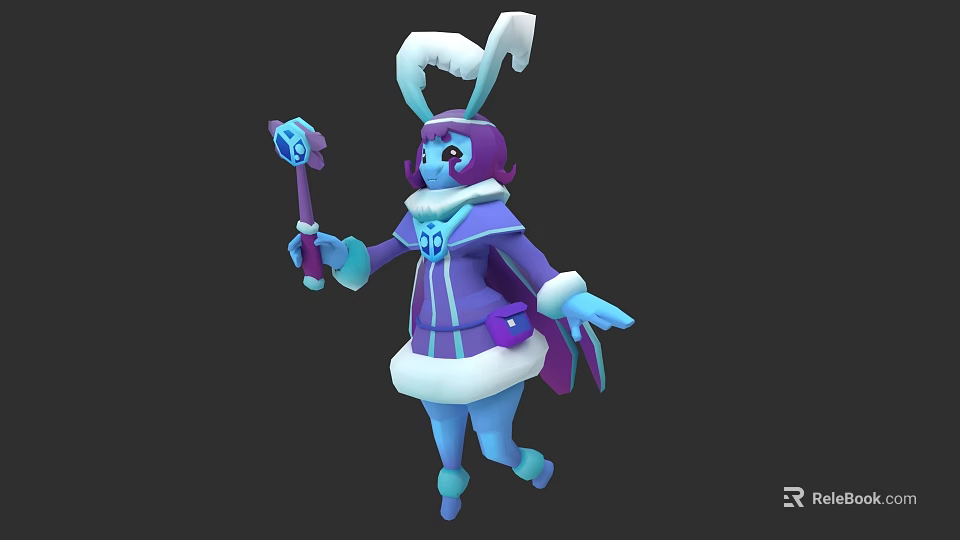 Cute Purple Blue Game Movie Character With Rabbit Ears Star Staff And Fur Trim 3d model 