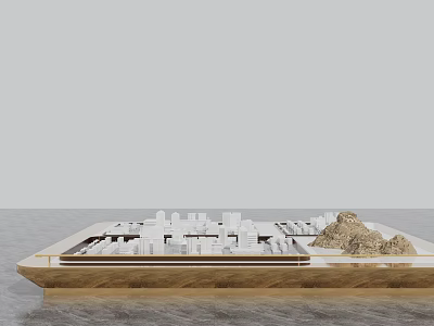 Commercial Equipment Sand Table Model With White Buildings Small Hill And Wooden Base 3d model