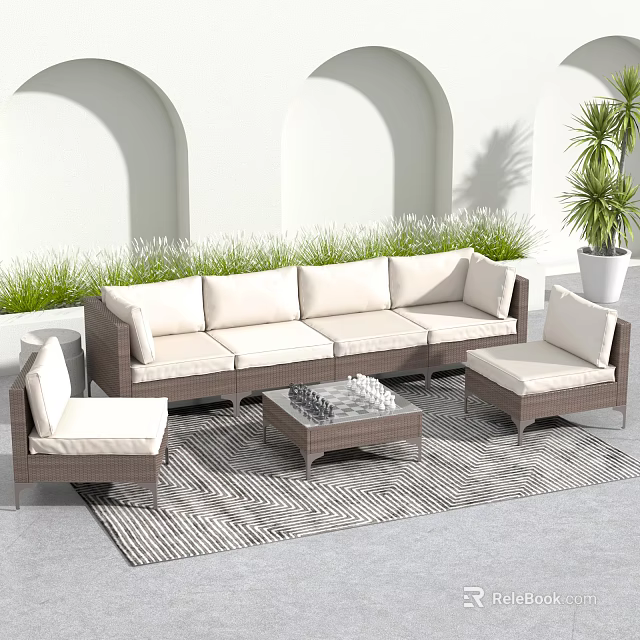 Outdoor Leisure Wicker Sofa Set With Light Cushions Coffee Table And Green Plants 3d model 