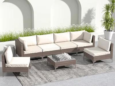 Outdoor Leisure Wicker Sofa Set With Light Cushions Coffee Table And Green Plants 3d model