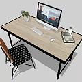 Modern Office Desk Setup With Computer Monitor Green Plant Small Decor And Brown Chair