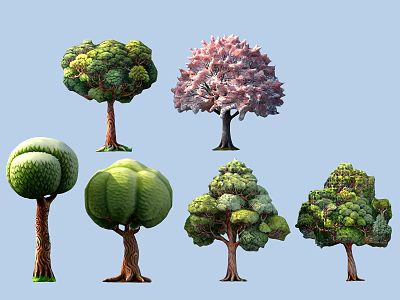 Colorful Stylized Trees In Various Shapes With Unique Canopy And Trunk Designs 3d model