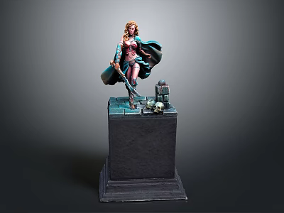 Game and Movie Character Female Statue With Blonde Hair Cloak Sword On Pedestal 3d model
