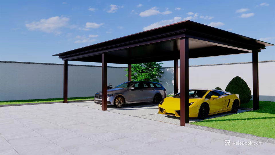 Carport With Black Frame Covering Gray And Yellow Sports Cars Under Blue Sky And Grass 3d model 