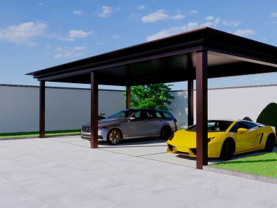 Carport With Black Frame Covering Gray And Yellow Sports Cars Under Blue Sky And Grass 3d model