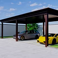 Carport With Black Frame Covering Gray And Yellow Sports Cars Under Blue Sky And Grass