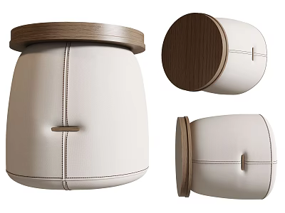 Round Beige Leather Sofa Stool With Wooden Top And Stitched Details 3d model