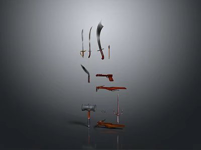 Various Types of Weapons Collection Including Swords Knives Gun and Hammer 3d model