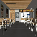 Casual Dining Restaurant With Wooden Ceiling Long Tables Food Posters Blackboard Menu And Order Counter