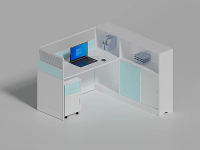 Modern White Office Desk With Light Blue Cabinet Drawer Laptop Headphones And Documents 3d model