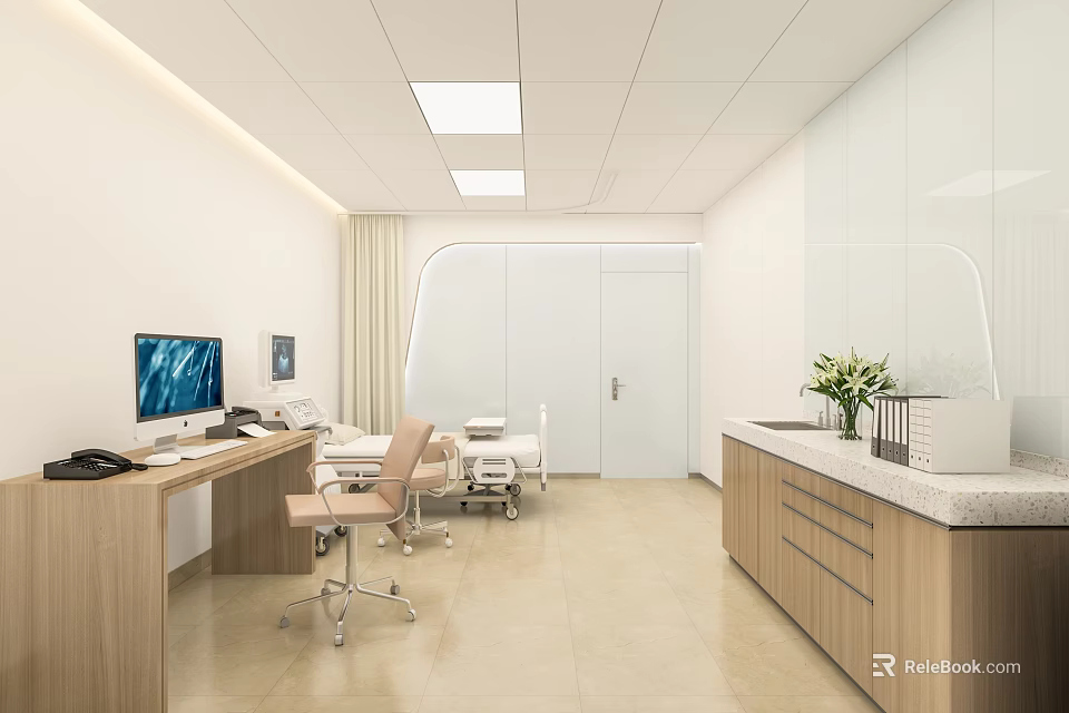Modern Hospital Outpatient Clinic Interior Design With Medical Desks Computers Chairs Cabinets And Plants 3d model 