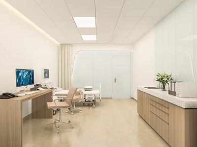 Modern Hospital Outpatient Clinic Interior Design With Medical Desks Computers Chairs Cabinets And Plants 3d model