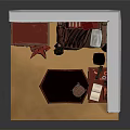 Cartoon Room Scene With Red Cabinet Bed Desk Bookshelf Green Walls And Rug